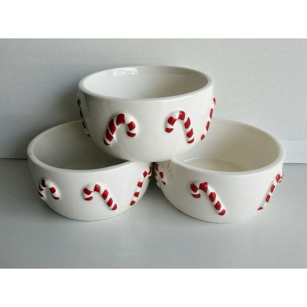 Set Of 3 Christmas Ramekins 4in Candy Cane Ceramic Oven Safe Baking Dish New